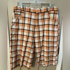 North 15 men’s orange/navy plaid hip hop streetwear 5 pocket long shorts. Sz 38